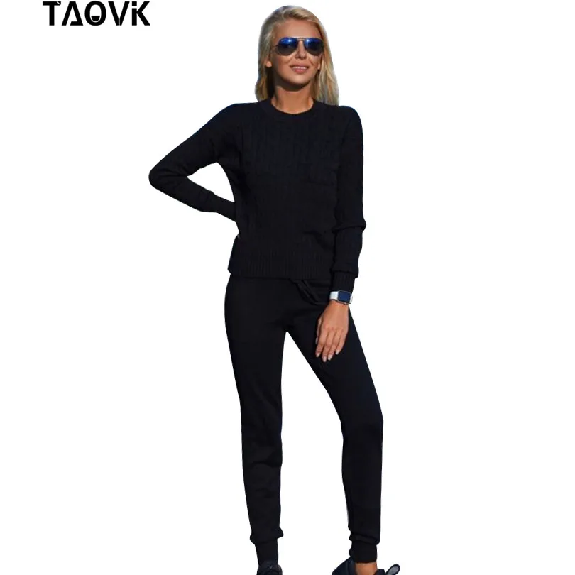 TAOVK, женский свитер, костюм и комплекты, Повседневный, весна-осень, 2 шт., спортивный костюм, женские трикотажные брюки+ джемпер, топы, костюм, комплект одежды