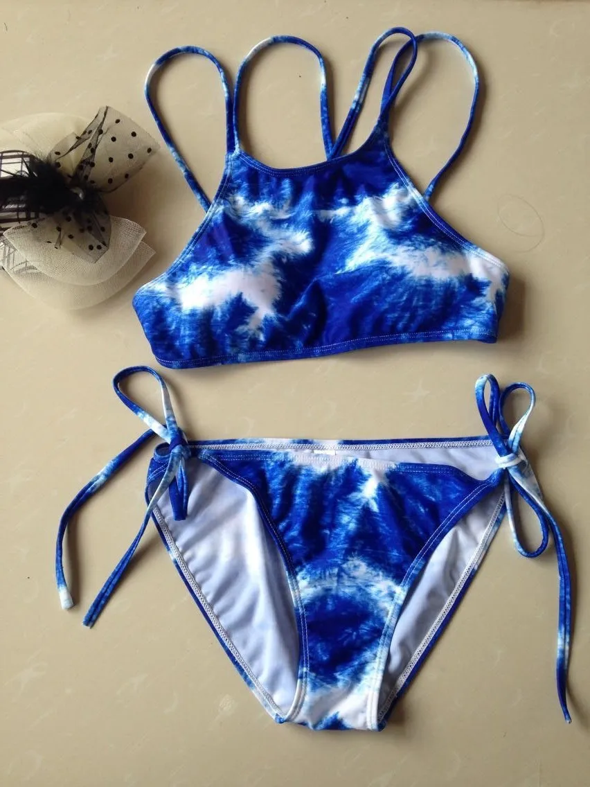 New 2015 High Neck Bikini Brazilian Tie Dye Print String Sexy Women 