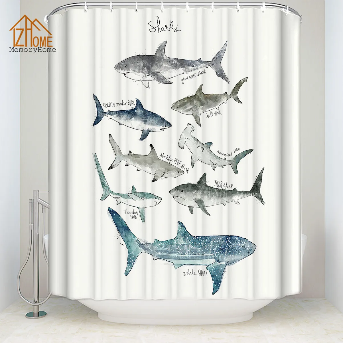 

Memory Home Modern Shark Printing Shower Curtain Waterproof Polyester Fabric Bath Curtain Bathroom Product with 12 Hooks Gift