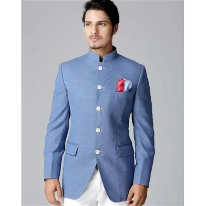 blue coat and white pant