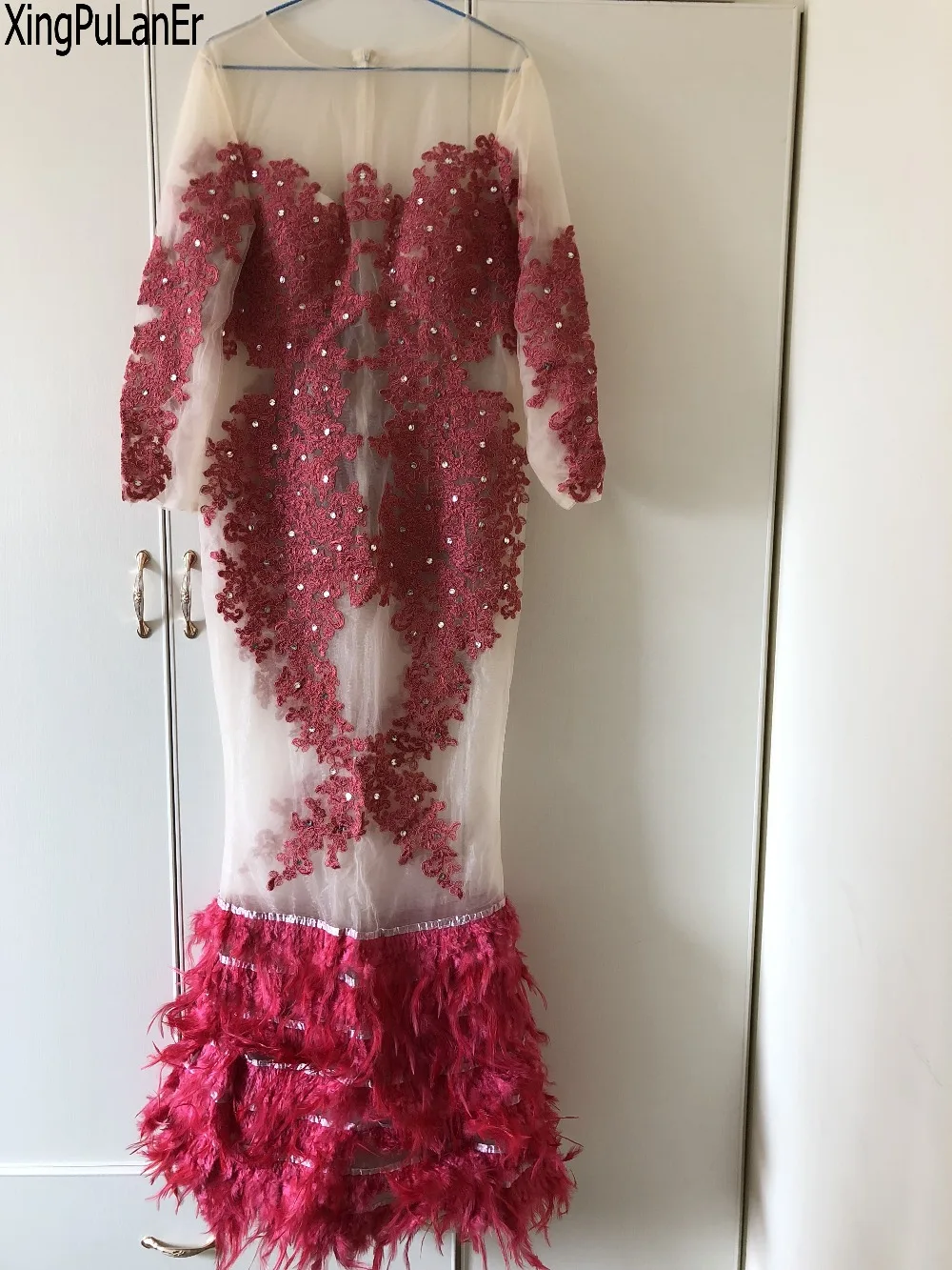 Robe de soiree Винтаж Русалка с длинными рукавами круглым вырезом красное кружевное