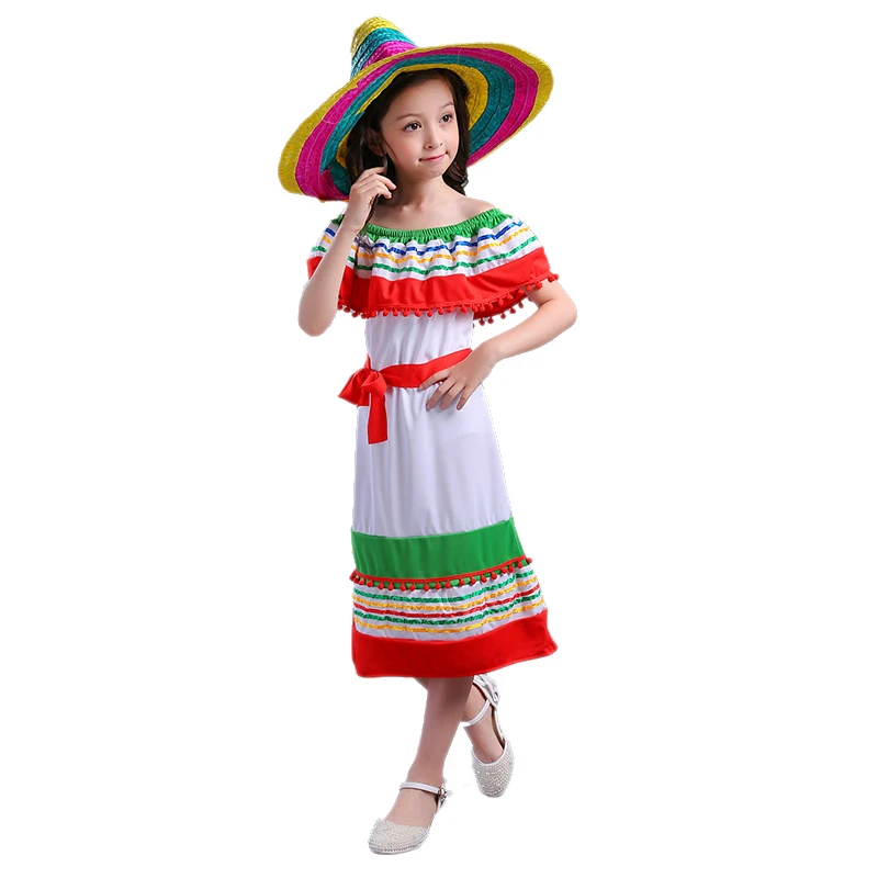 Костюм для девочек в Мехико, детский дешевый белый костюм из полиэстера для костюмированной вечеринки на Хэллоуин, подарок на день рождения