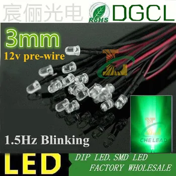 

DC12V/24V 3mm Pre Wired led 1.5Hz single blinking lamp water clear Green DIP LED 20mm led wired light 100pcs/lots