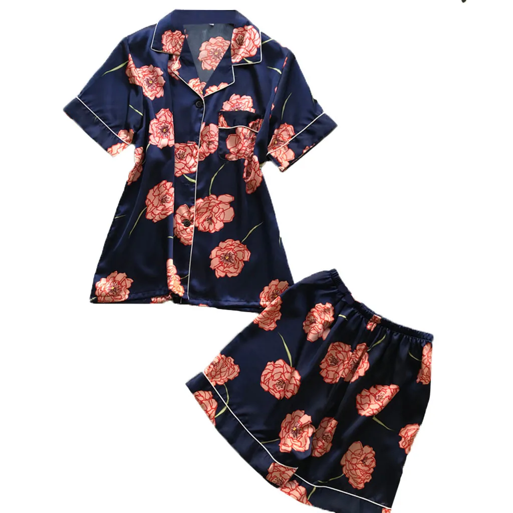 

Summer Short Sleeve Ice Silk Pajamas Two Pieces Set Sleepwear Nightwear for Women Cute Loose Thin Home Service Suit #G3