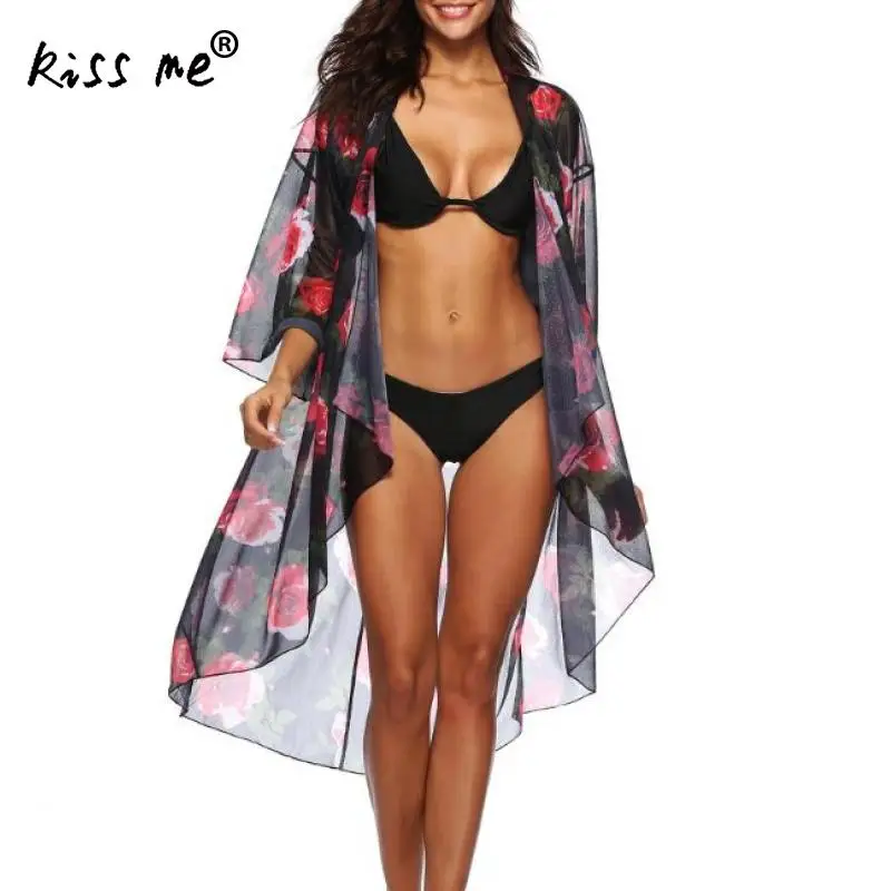 

Black Flower Printed Tunic Sexy Bikini Cover Up Irregular Beach Wear Dress Tunic See Through Beach Dress Kaftan Women Loose Suit