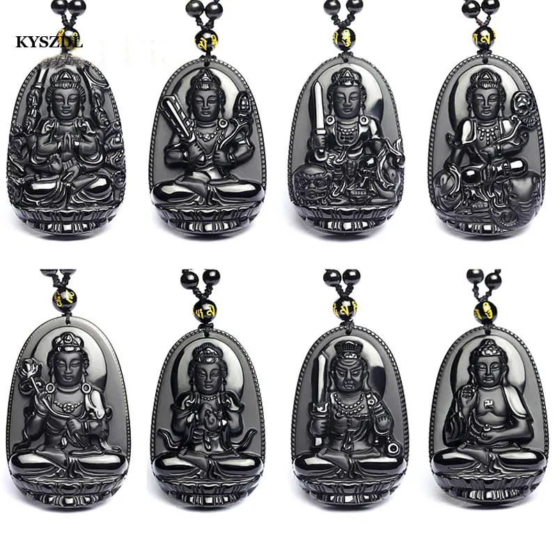 

KYSZDL High Quality Natural Obsidian Carved eight Buddha Lucky Amulet Pendant Necklace Women and Men pendants Jewelry Gift