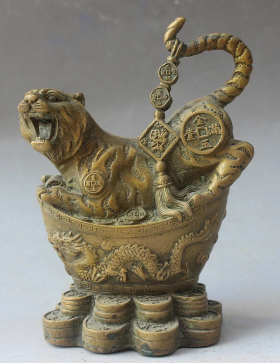 

7" Chinese Copper Feng Shui Folk Wealth Fu Zodiac Year Tiger Statue sculpture