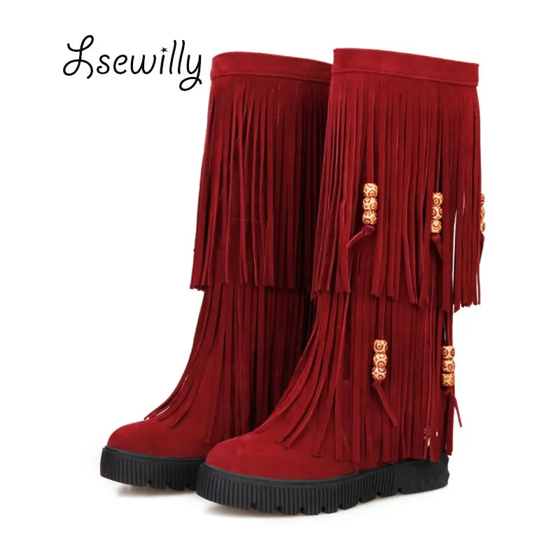Lsewilly/женские ботинки до середины икры с бахромой Бисер круглый носок, флок, визуально увеличивающие рост; Для женщин сапоги Для женщин слипоны размеры 34–44 A004 - Цвет: red