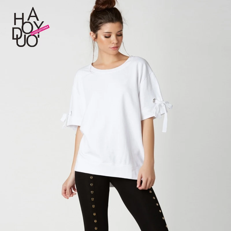 

Haoduoyi European girls narrow-minded cuff belt T-shirt thin white five-sleeved student T-shirt