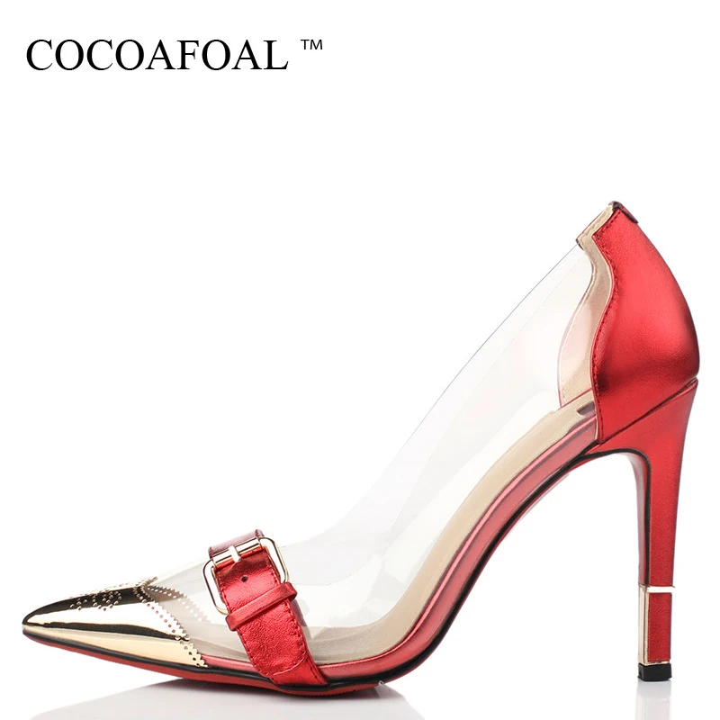 

COCOAFOAL Woman Gold Clear Heels Shoes Fashion Sexy Transparent Heels Shoes Plus Size 33 - 42 Black Red Ball Wedding Pumps 2018