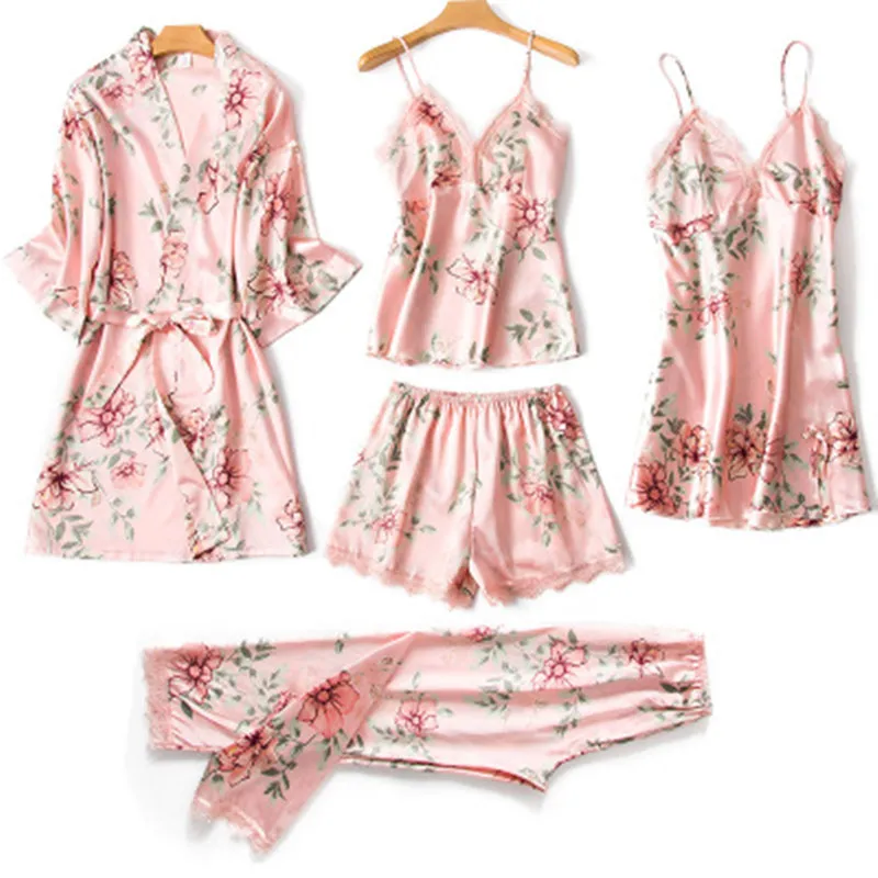 

2019 Brand Silk Pajamas Set Women Sexy Lace Print Flower Satin Pyjama Long Robe Pants Shorts 6Piece/Set Home Mom Sleepwear