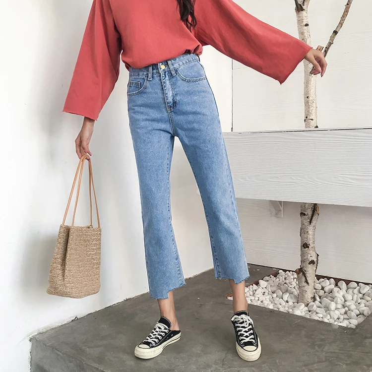 Джинсы женские 2019 новые корейские стильные свободные высокая посадка на пуговице однотонные Модные женские джинсовые карманы модные