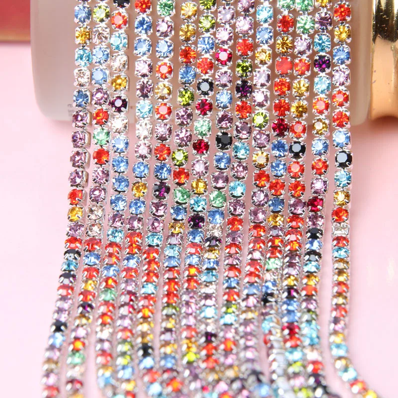 

TopStone 10Yards Mix Color AB Dense Claw Cup Chain Rhinestones Silver Base Glass Crystal Sew On Stone Trim Costume Accessories