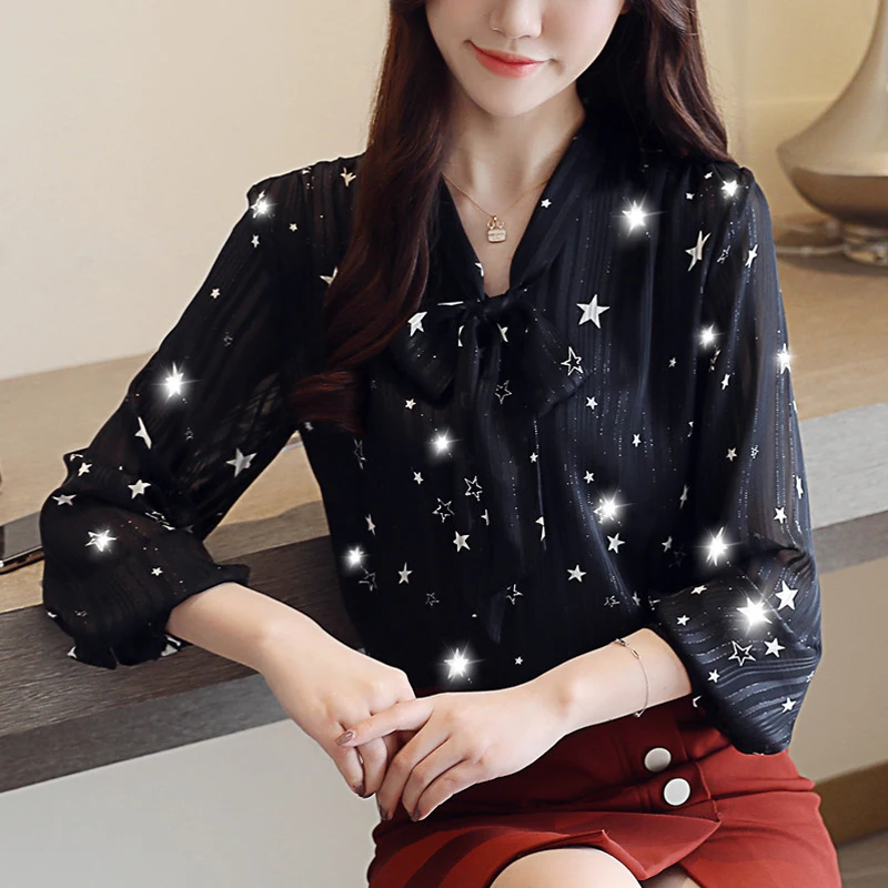 2018 الخريف جديد المرأة طويلة الأكمام الشيفون قميص ستار الطباعة الخامس الرقبة بلوزة الكورية الأبيض قميص للنساء OL قمم