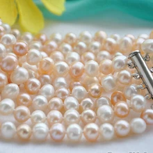 Z6171 5 Пряди 8 мм круглый розовый белый браслет пресноводного жемчуга 8 дюймов Благородный стиль Природный тонкой jewe Быстрая