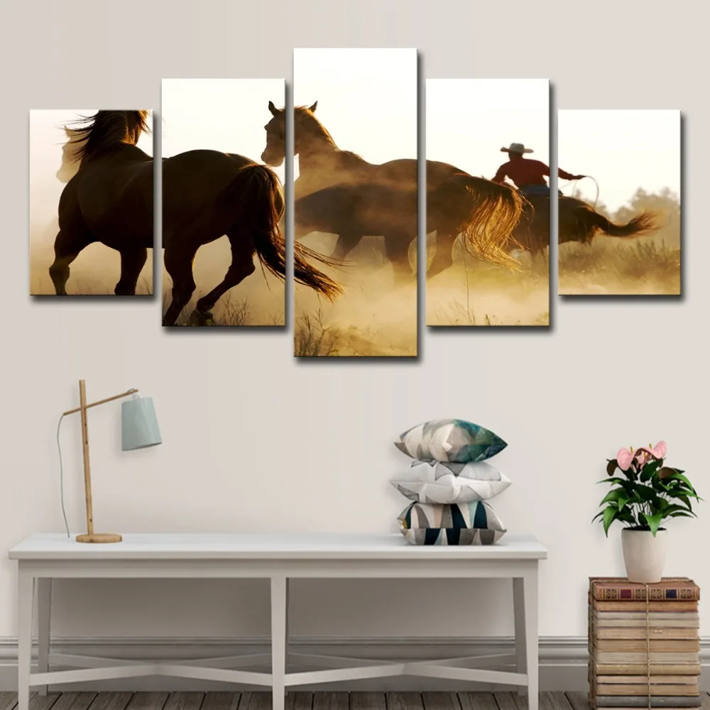 5P2288-HD Printed Cowboys Horses Painting 5 piece Canvas art Print room decor print poster picture canvas Free shipping (3  (4)