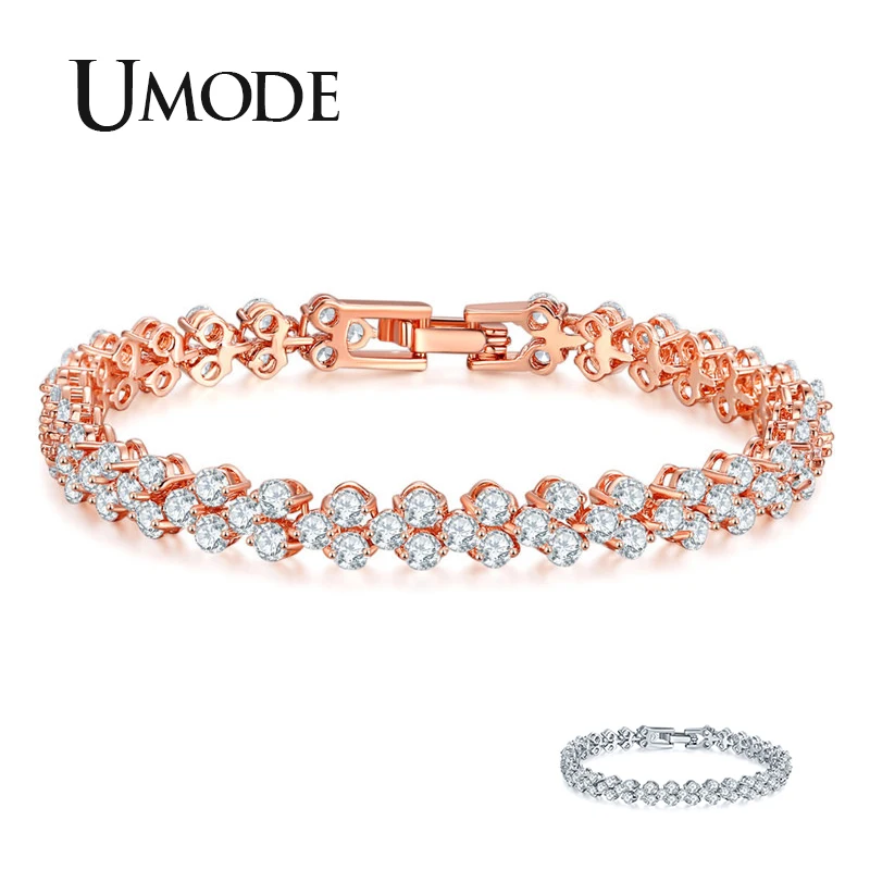 Женские браслеты из прозрачного круглого циркония UMODE розового и белого золота с