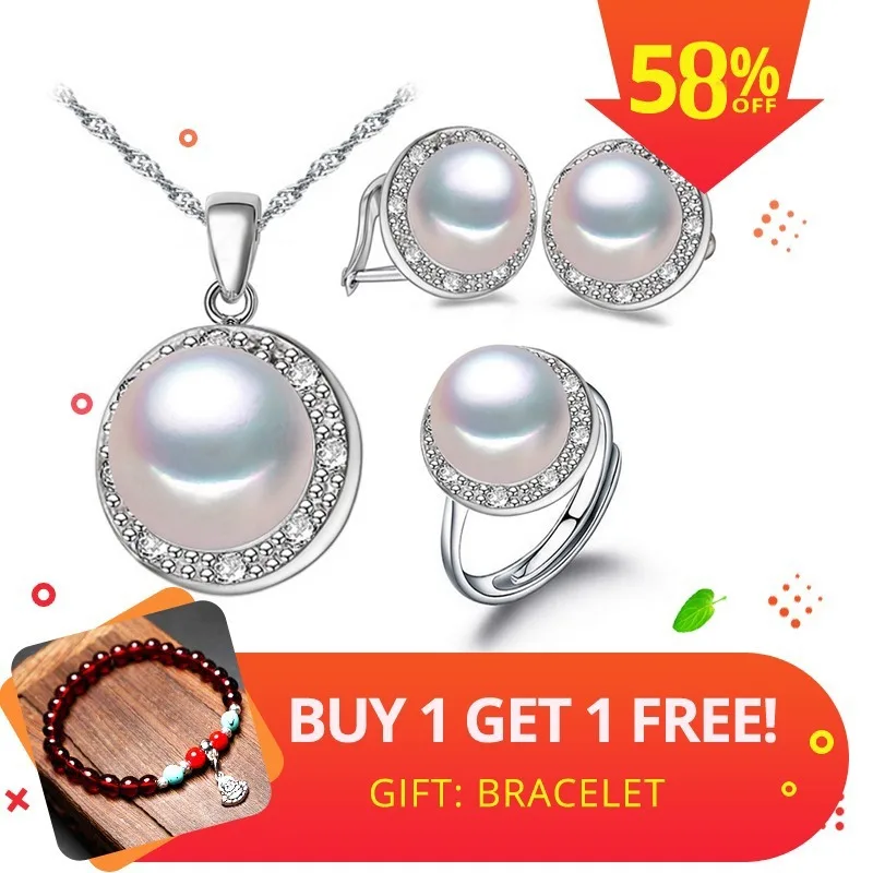 

FENASY S925 Sterling Silver Necklace Pendant Earrings CZ Ring Fashion Trendy Freshwater Pearl Jewelry Sets For Women