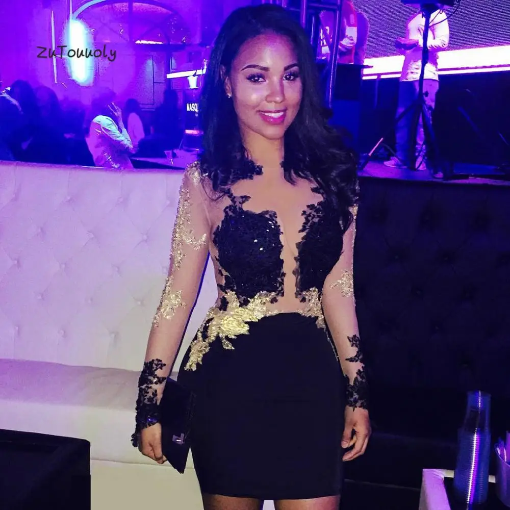 

Short Black Evening Dress Long Sleeve Prom Gowns For Graduation Party Gold Appliques African Girls Formal Evening Dresses Cheap
