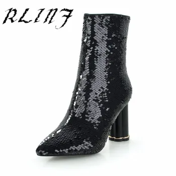 

RLINF New Bright Sequins Crystal Thick Heel Short Tube Personality Tide Boots