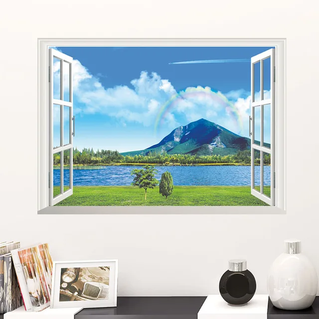 Fake Window Wall Stickers Home Decor Living Room Waterproof Vinyl Fake Window Wall Stickers Home Decor Living Room Waterproof Vinyl Paper Lake Mountain Rainbow