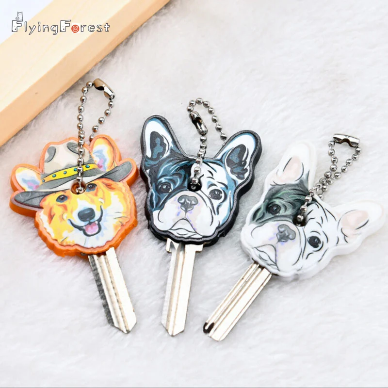 

New Cartoon Bulldog Charm Key Cover PVC Cute Pet Dog Cat Key Chain Cap Rubber Pug Key Ring Men Women Unisex Keyring Wholesale