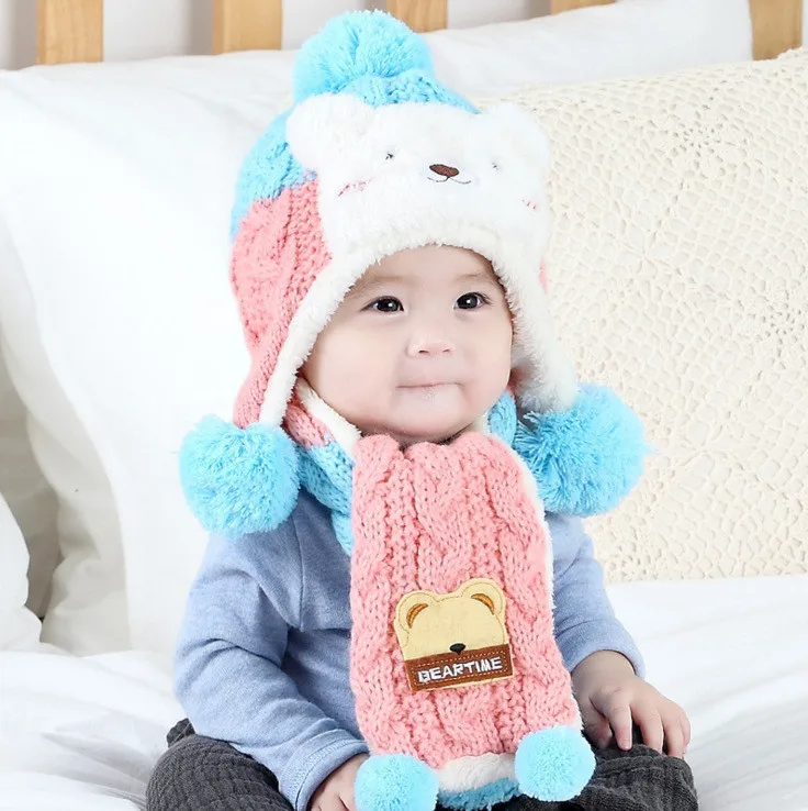 

2pcs/set Cute Animal Cartoon Design Baby Winter Hats Scarf Hat Boys Girls Cotton knitted wool Cap For Enfant Baby Children #TC