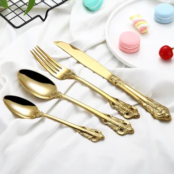 

304 Stainless Steel Western Gold Tableware Cutlery Set Steak Knife Fork Spoon Classic Retro Embossed Dinnerware Home Party