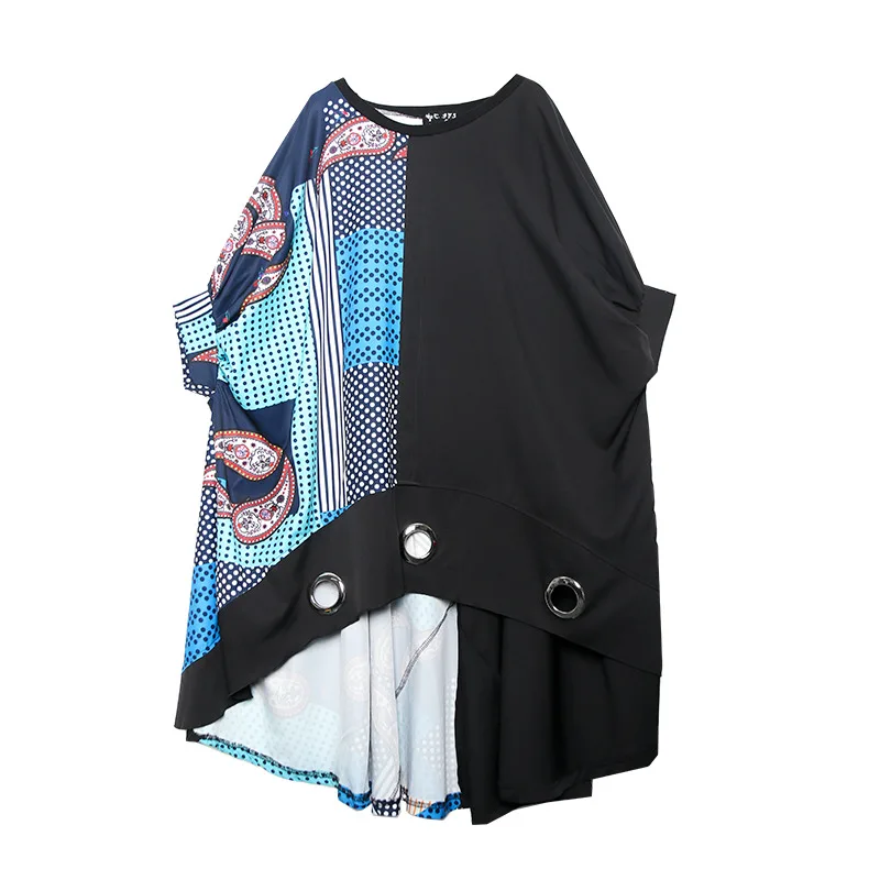 CHICEVER весеннее лоскутное платье в горошек с асимметричным принтом для женщин с круглым вырезом и рукавом три четверти с блестками по низу платья до колена - Цвет: black