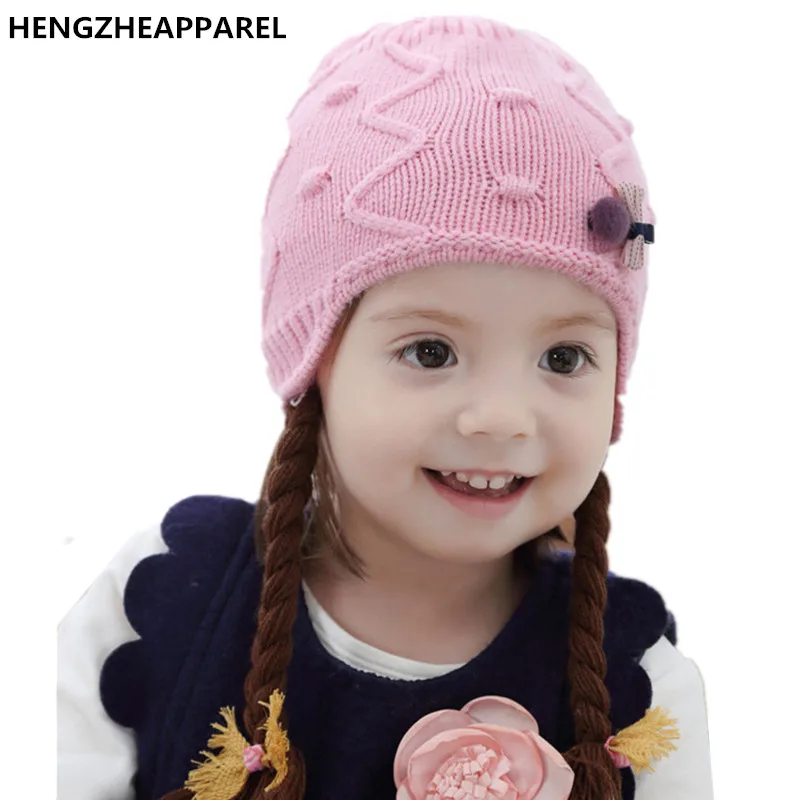 new cove ear Fall Winter spring Braids Wool infant baby beanies knit Bow Little Girls Wig Hats children kids cute hair caps 