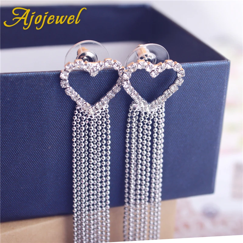 

Ajojewel Hollow Rhinestone Heart Earrings With Bead Chain Tassel Elegant Long Drop Earrings For Women Brass Jewelry Wholesale