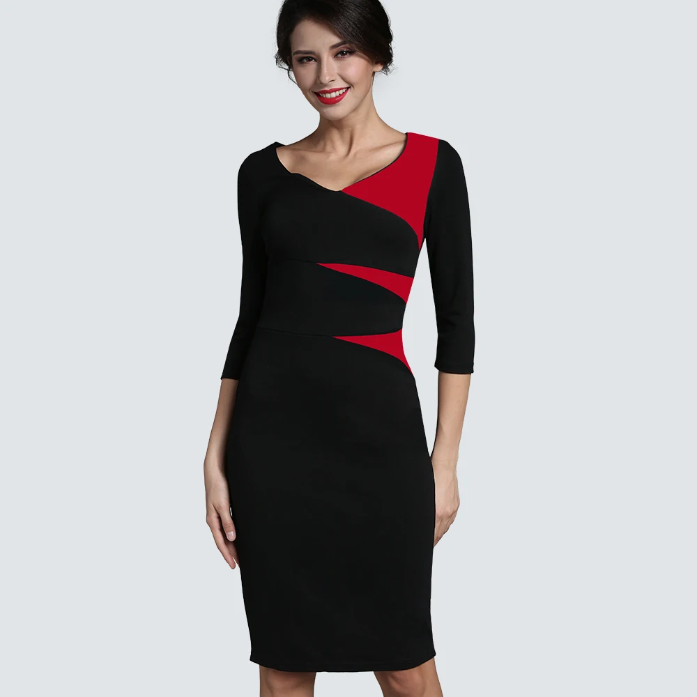 

Spring Autumn Casual Contrast Color Patchwork Bodycon Dress Women Elegant Work Office Business Sheath Fitted Pencil Dress HB346