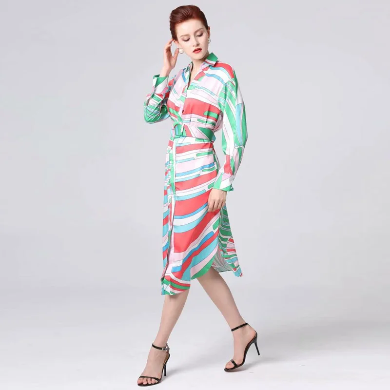 

XF Boho Shirt Midi Dress Milan Catwalk Fashion Designer High Quality Stripes Print Beach Holiday Party Summer Women'S Clothing