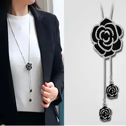 Black Rose длинные Цепочки и ожерелья цепь свитера модные изящные черные цепи Полный Rhinestone Цветочный кулон Цепочки и ожерелья