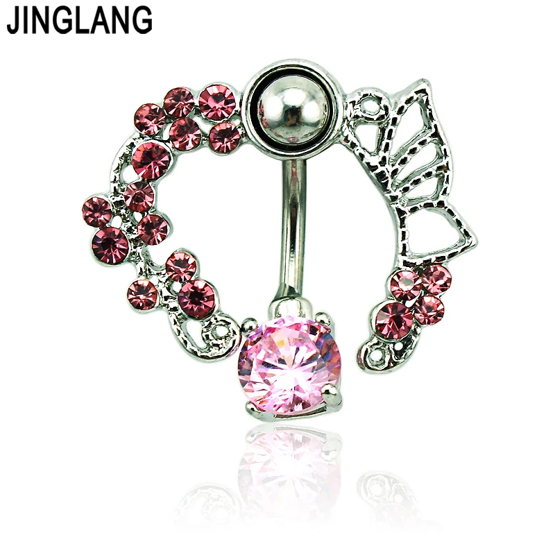 JINGLANG Brand Fashion Belly Button Rings Stainless Steel Barbells Pink Rhinestone Wreath Navel Piercing Jewelry Free Shipping | Украшения