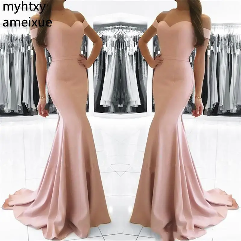 

2021 New Sexy Cheap Mermaid Pink Off The Shoulder Long Evening Dresses Pleats Sweep Train Formal Simple Elegant Sweetheart