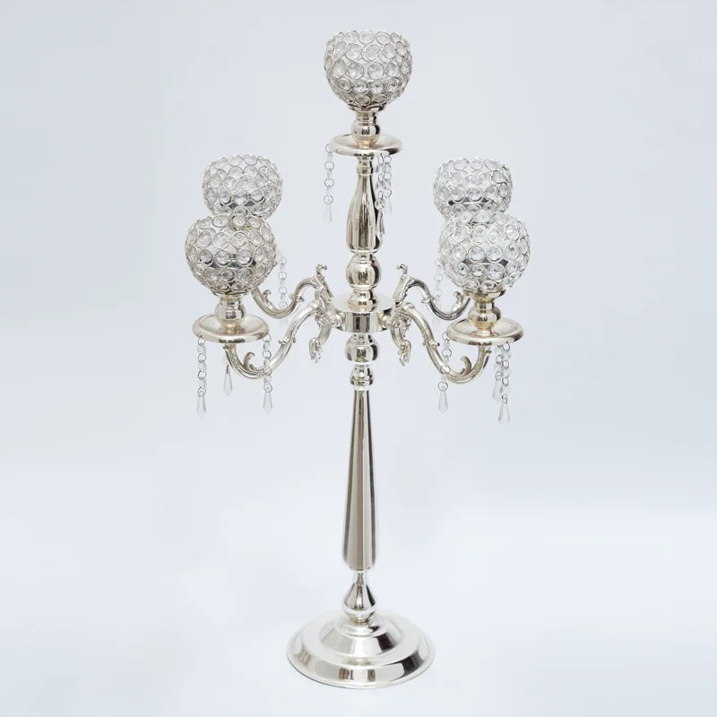 Free Shipping 76cm Tall 5 arms metal candelabras with crystal pendants