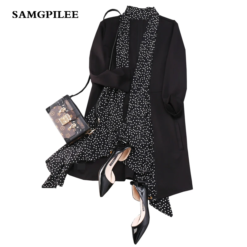 Puntino 3xl Punto A Trench Sottile Lunga Quarti Tre Con Del V Di Primavera Manica Casual Samgpilee Aperto 2019 L Black Impermeabili Polka E Scollo Lavorato Nuova Maglia Donne FaXxAH