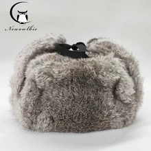 100% para hombre de alta calidad de piel de conejo Real sombreros de invierno Lei Feng sombrero con solapas de oído cálido gorro de Nieve Ruso gorra de Bombardero(China)