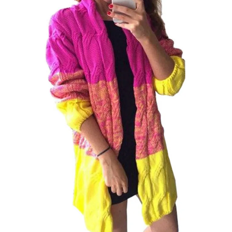 

Chic Knitted Cardigans Sweater Twist Crocheted Coat Long Sleeve Gradient Patchwork Colorful Shiny Warm Outerwear 2018 Tops