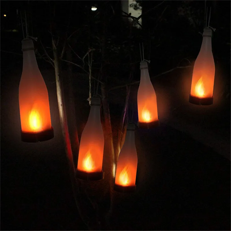 Novelty Wine Bottle Flame Lamp Solar Led Lights Portable Outdoor Patio