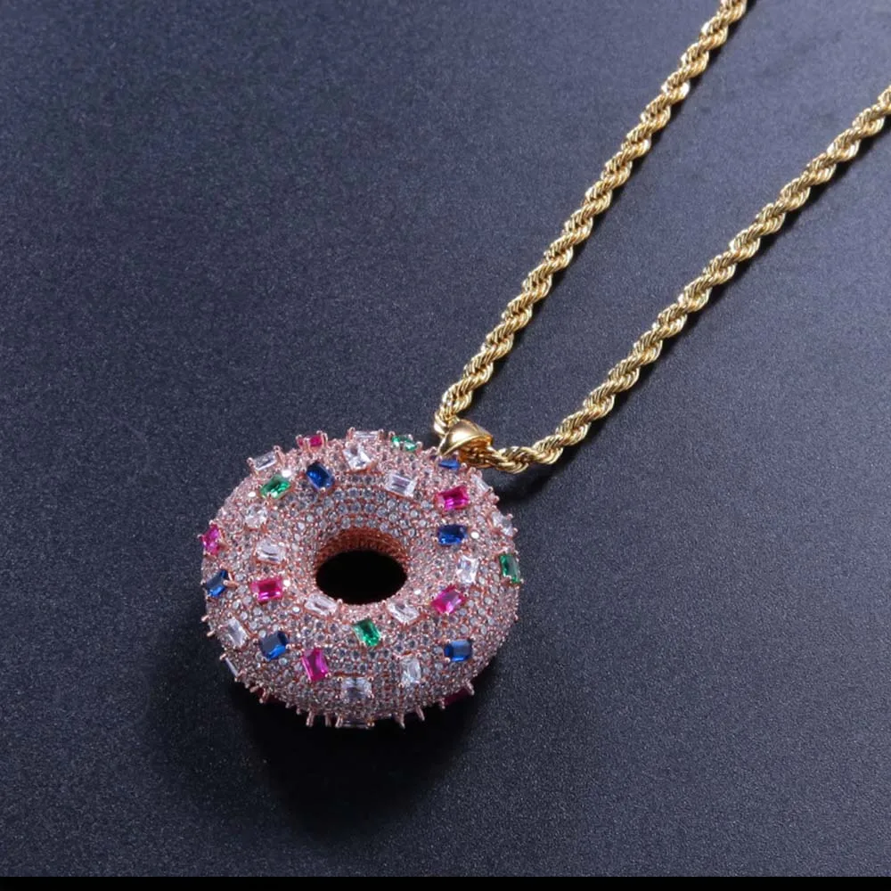 Bling пончик ожерелья с подвесками для женщин мужчин Круглый пончик AAA Iced Out CZ камень ожерелья милые круглые сумочки Шарм ювелирные изделия подарок - Окраска металла: Rose Gold