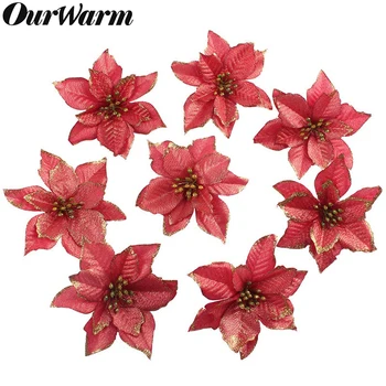 

OurWarm 50pcs 15cm Artificial Flowers Glitter Red Gold Christmas Tree Flower Heads For Home Wedding Decoration