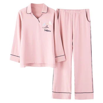 

Newest 100%Cotton Cartoon Female Pajamas Long Sleeve Turn-down Collar Loose Soft Warm Big Size M-XXL 2Piece Set Women's Pyjamas