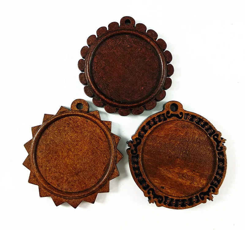 

8pcs diameter 30mm round cabochon Dark brown wood base settings blank wooden trays for DIY Necklace Keychain making