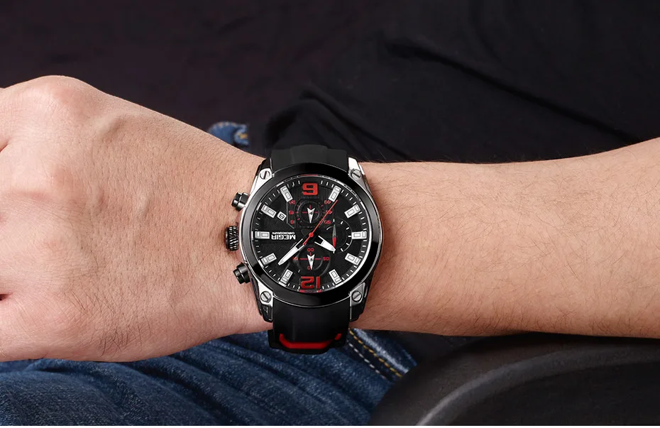 MEGIR мужские хронографы аналоговые кварцевые часы с Дата светящаяся стрелки Водонепроницаемый силиконовый ремешок Спортивные наручные часы для мужчин