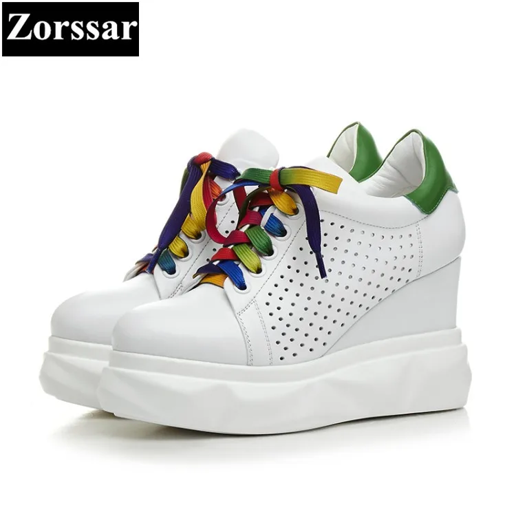 

{Zorssar} high quality Genuine Leather women shoes wedges High Heels lace up fashion platform pumps womens creeper shoes green