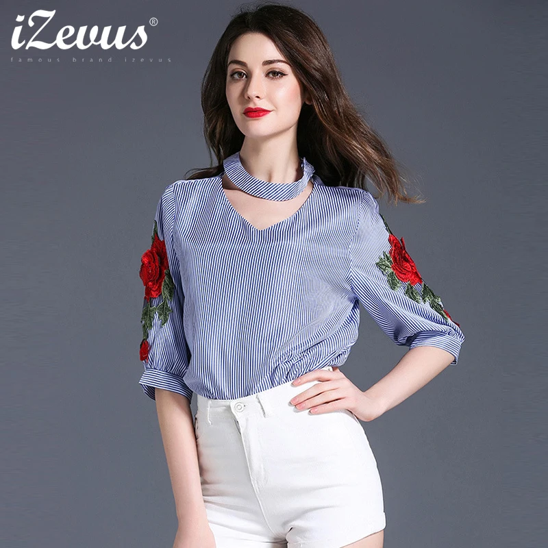 iZevus Women Blouses 2017 Casual Floral Embroidery Shirt Half Sleeve ...
