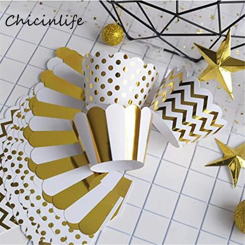 Chicinlife 12 шт. золотые полосатые волнистые точечные обертки для капкейков