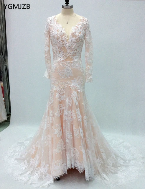 Elegant Champagne Lace Wedding Dresses 2018 Mermaid V Neck Long Elegant Champagne Lace Wedding Dresses 2018 Mermaid V Neck Long Sleeves Liques Backless Gown Bride